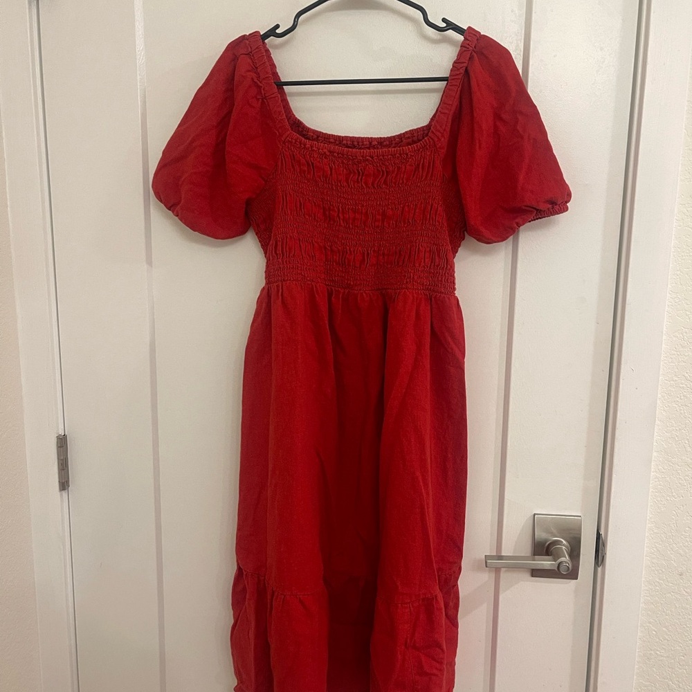 Isabel Maternity Linen Blend Cottagecore Red Smocked Midi Dress Puff Sleeves